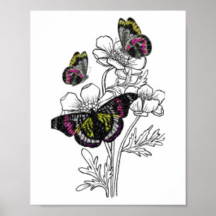 Póster Mariposa vintage, flores estéticas