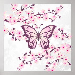 Póster Mariposa Y Flor De Cerezo Blanco Rosa