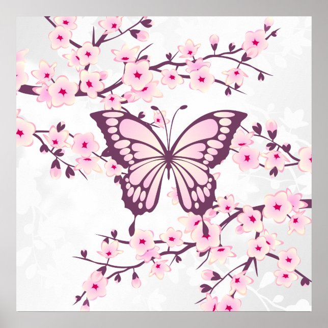 Póster Mariposa Y Flor De Cerezo Blanco Rosa (Frente)