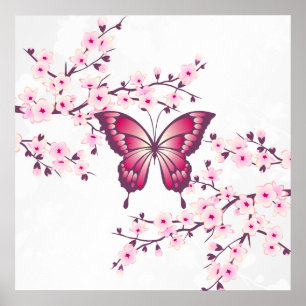 Póster Mariposa y flores de cerezo rosadas blancas