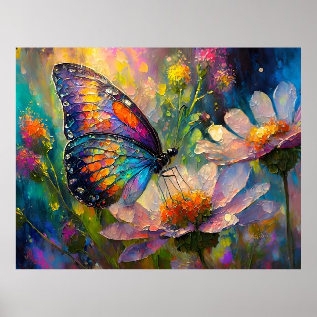 Póster Mariposa y flores silvestres coloridas al amanecer (Frente)