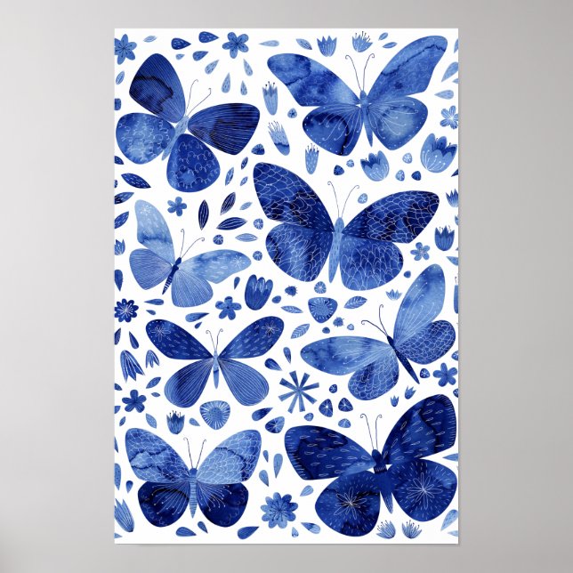 Póster Mariposas Acuarela Azul Indigo (Frente)