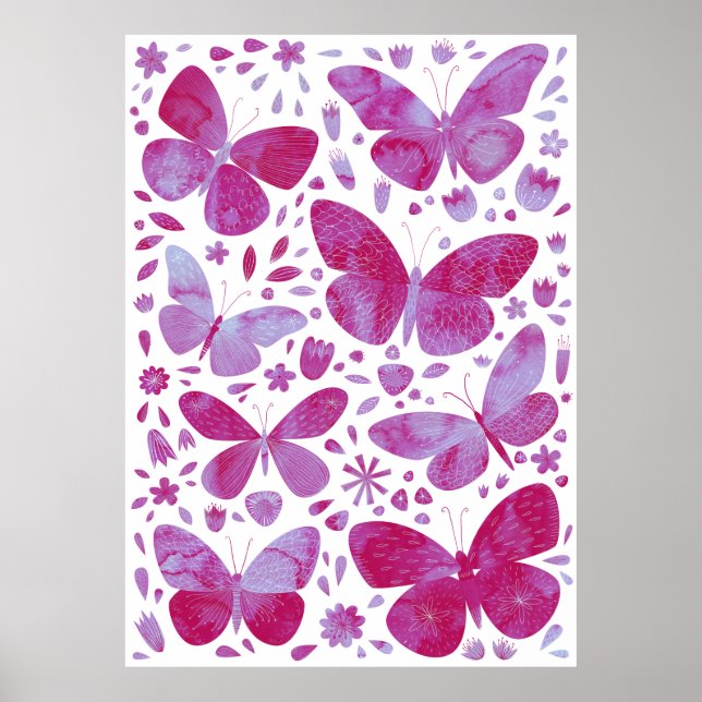 Póster Mariposas acuarela Magenta Poster rosa (Frente)