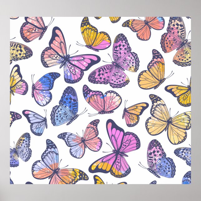 Póster Mariposas acuarelas: Patrón de cosecha Pastel. (Frente)