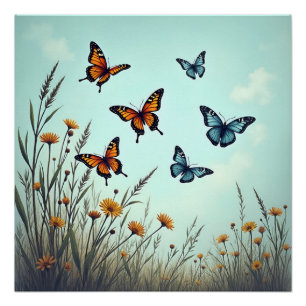 Póster Mariposas antiguas en azul