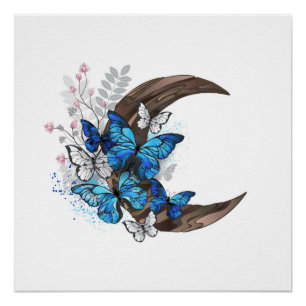 Póster Mariposas azules en creciente de madera