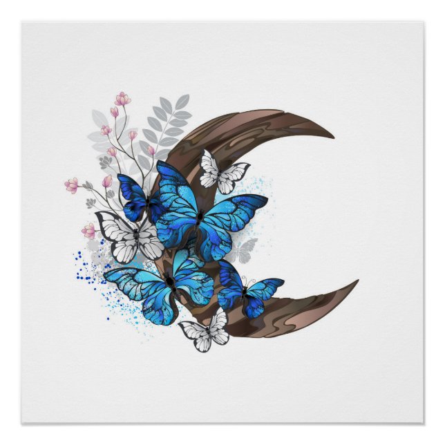 Póster Mariposas azules en creciente de madera (Anverso)
