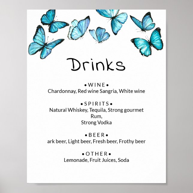 Póster Mariposas azules. Menú de bebidas para boda capric (Frente)