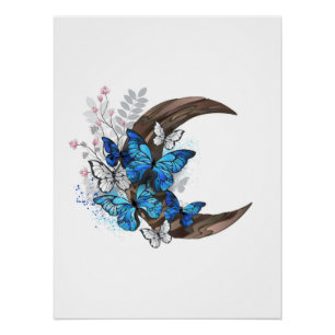 Póster Mariposas azules sobre la media luna de madera