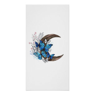 Póster Mariposas azules sobre la media luna de madera