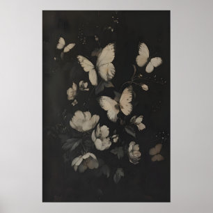 Póster Mariposas Blancas Caprichosas y Flores Oscuro