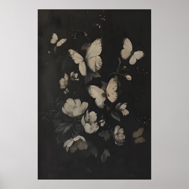 Póster Mariposas Blancas Caprichosas y Flores Oscuro (Frente)
