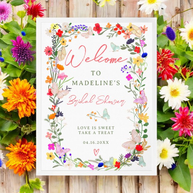 Póster Mariposas boho flores silvestres brillantes bienve (Butterflies boho bright wildflowers bridal welcome poster)