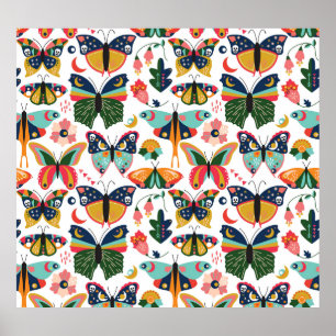 Póster Mariposas Boho: Patrón de papel tapiz sin costura.