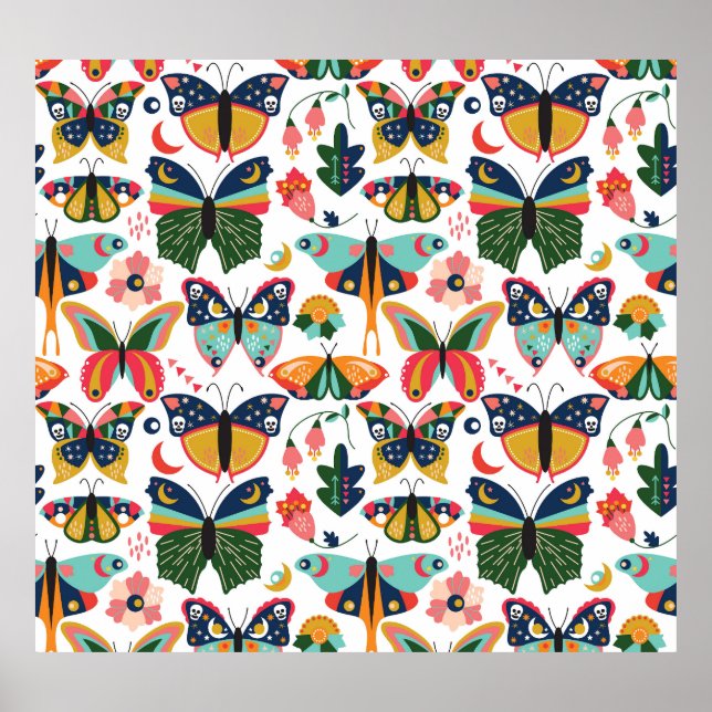 Póster Mariposas Boho: Patrón de papel tapiz sin costura. (Frente)