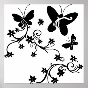 Póster Mariposas con flores poster negro y blanco
