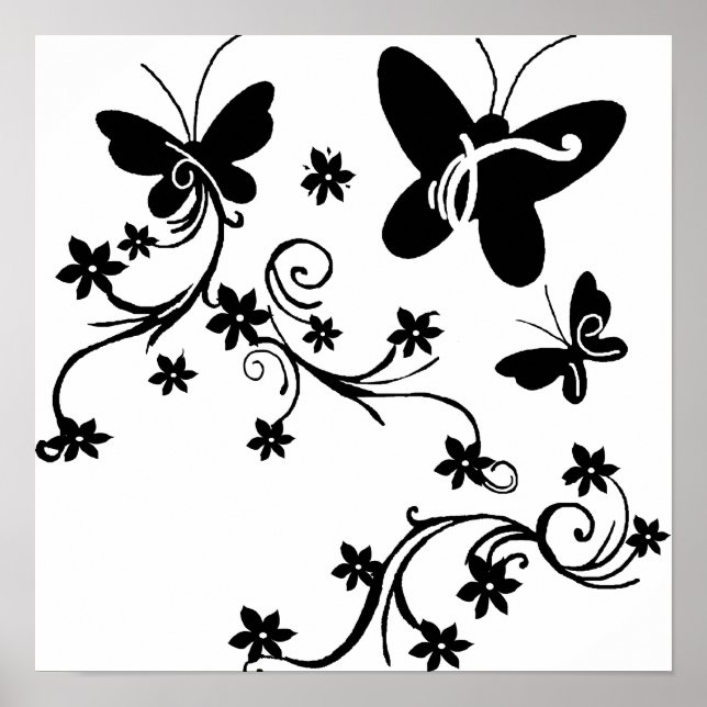 Póster Mariposas con flores poster negro y blanco (Frente)