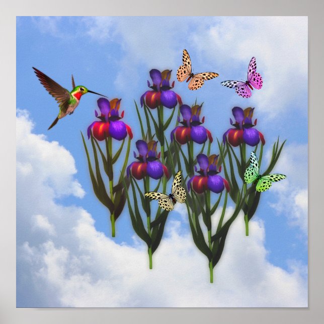 Póster Mariposas de colibrí Iris Flowers (Frente)