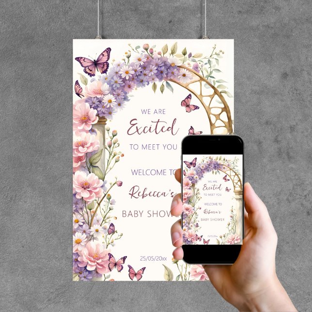 Póster Mariposas de jardín encantadas bienvenida con duch (Enchanted garden arch pastel butterflies baby shower template welcome sign poster digital download)