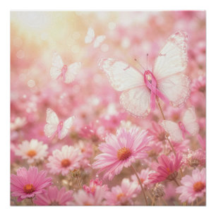 Póster Mariposas de lazo rosa en un jardín de margaritas