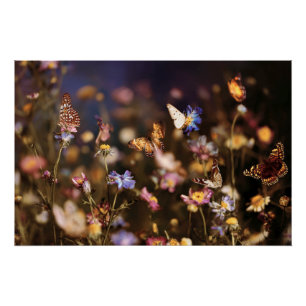 Póster Mariposas del Crepúsculo Pradera de Flores Silvest