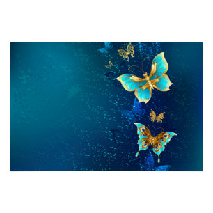 Póster Mariposas doradas sobre fondo azul