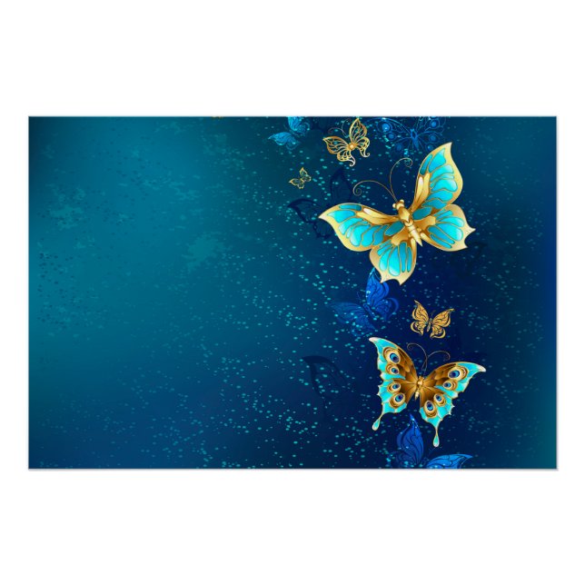 Póster Mariposas doradas sobre fondo azul (Anverso)