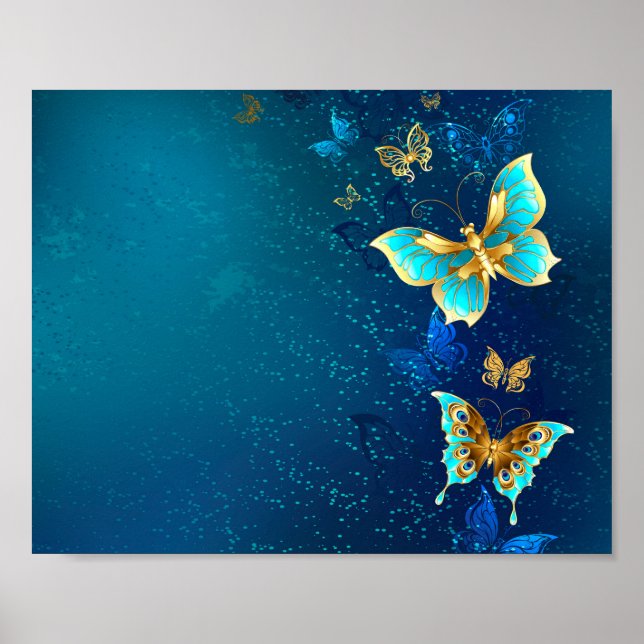 Póster Mariposas doradas sobre fondo azul (Frente)