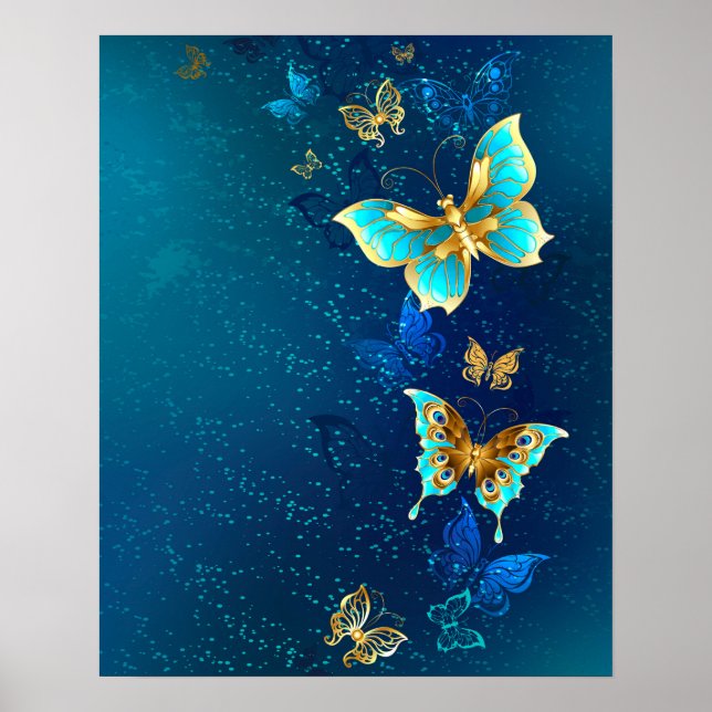 Póster Mariposas doradas sobre fondo azul (Frente)