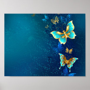 Póster Mariposas doradas sobre fondo azul