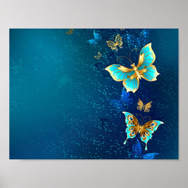 Póster Mariposas doradas sobre fondo azul (Frente)
