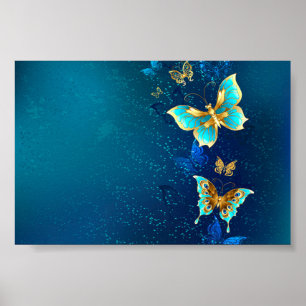 Póster Mariposas doradas sobre fondo azul