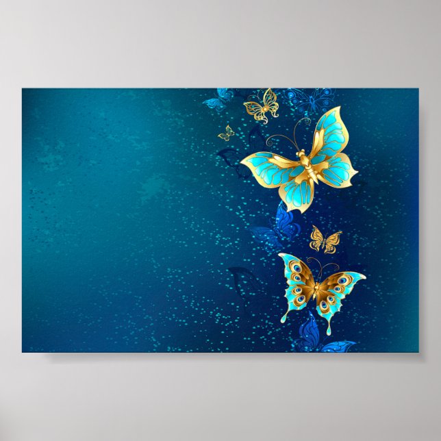 Póster Mariposas doradas sobre fondo azul (Frente)