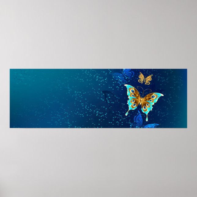 Póster Mariposas doradas sobre fondo azul (Frente)