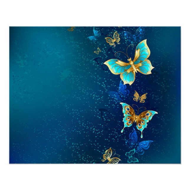 Póster Mariposas doradas sobre fondo azul (Anverso)