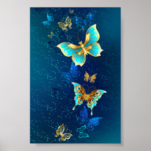 Póster Mariposas doradas sobre fondo azul