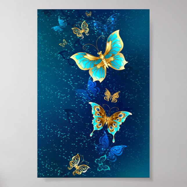 Póster Mariposas doradas sobre fondo azul (Frente)