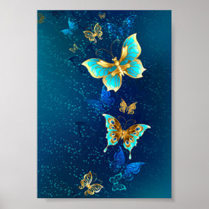 Póster Mariposas doradas sobre fondo azul
