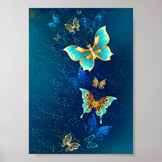 Póster Mariposas doradas sobre fondo azul (Frente)