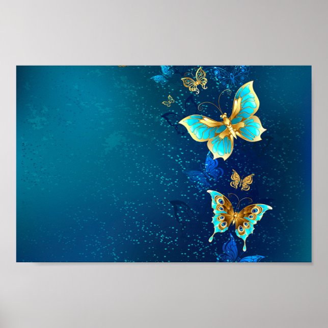 Póster Mariposas doradas sobre fondo azul (Frente)