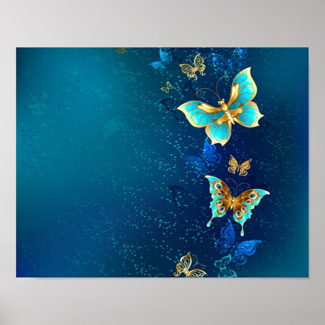 Póster Mariposas doradas sobre fondo azul (Frente)