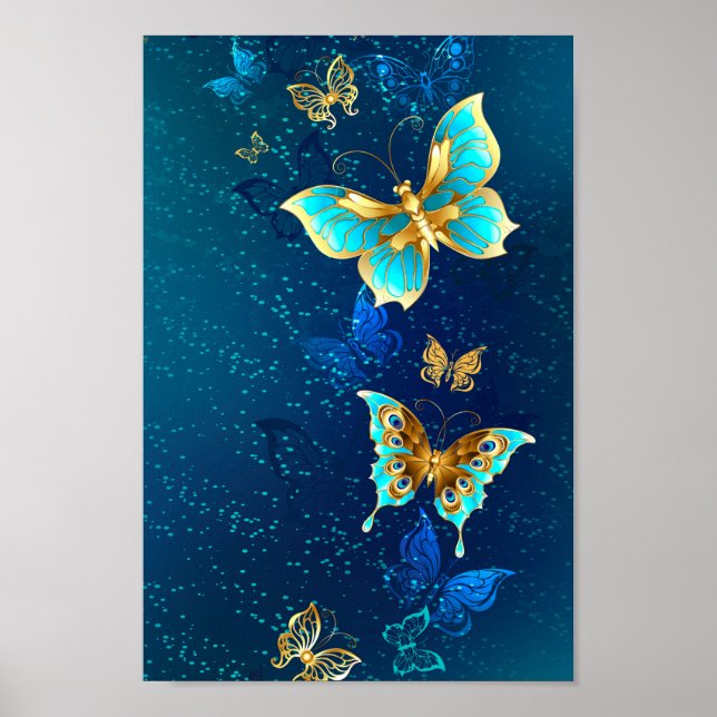 Póster Mariposas doradas sobre fondo azul (Frente)