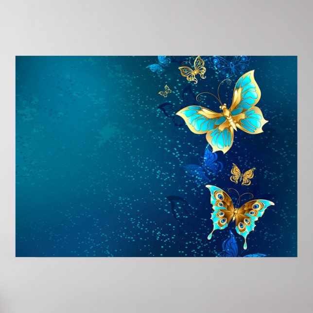 Póster Mariposas doradas sobre fondo azul (Frente)
