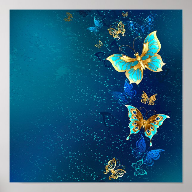 Póster Mariposas doradas sobre fondo azul (Frente)