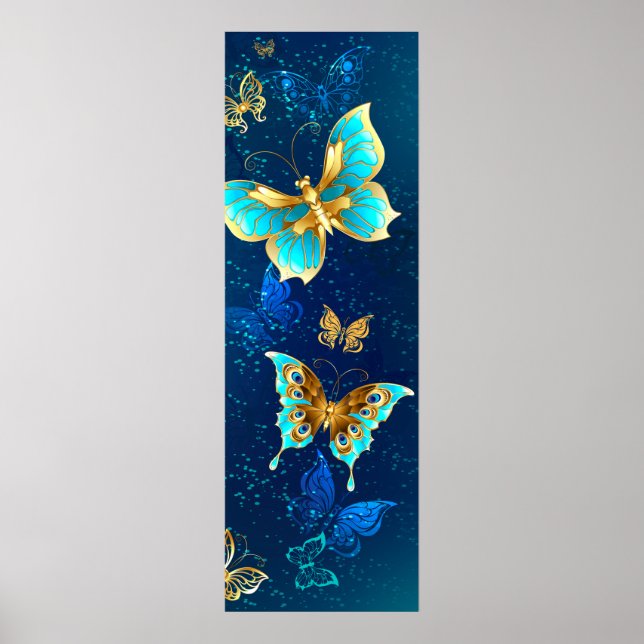 Póster Mariposas doradas sobre fondo azul (Frente)