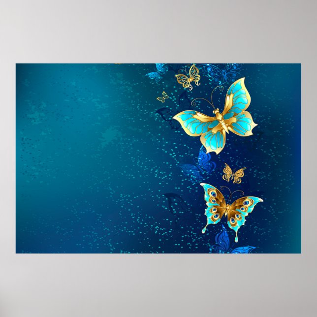 Póster Mariposas doradas sobre fondo azul (Frente)