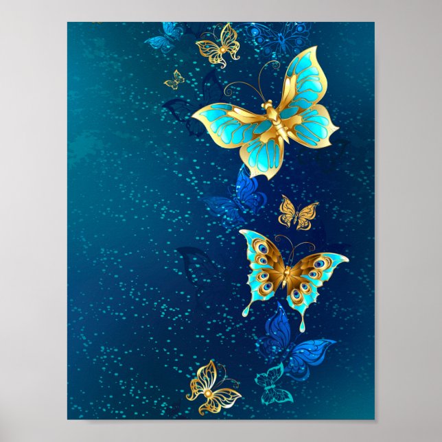 Póster Mariposas doradas sobre fondo azul (Frente)