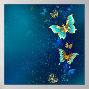 Póster Mariposas doradas sobre fondo azul