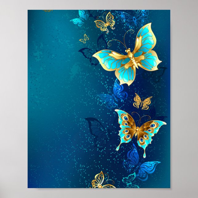 Póster Mariposas doradas sobre fondo azul (Frente)