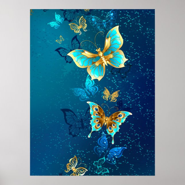 Póster Mariposas doradas sobre fondo azul (Frente)